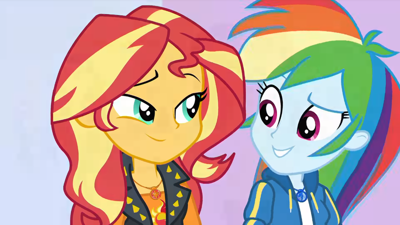 Size: 1358x764 | Tagged: safe, derpibooru import, screencap, rainbow dash, sunset shimmer, a fine line, equestria girls, equestria girls series, geode of empathy, geode of super speed, looking at each other, magical geodes