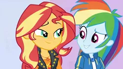 Size: 1358x764 | Tagged: safe, derpibooru import, screencap, rainbow dash, sunset shimmer, a fine line, equestria girls, equestria girls series, geode of empathy, geode of super speed, looking at each other, magical geodes