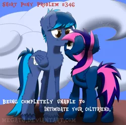 Size: 2500x2480 | Tagged: safe, artist:megatj, derpibooru import, oc, oc:dream writer, oc:maximus pride, unofficial characters only, pegasus, pony, captions, cliff, cloud, couple, fluffy, gay, male, stallion