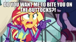 Size: 600x337 | Tagged: safe, derpibooru import, screencap, sci-twi, sunset shimmer, twilight sparkle, equestria girls, friendship games, angry, exploitable meme, image macro, meme, my gym partners a monkey, sunset yells at twilight