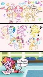 Size: 720x1280 | Tagged: safe, artist:carouselunique, derpibooru import, adagio dazzle, coco pommel, flash sentry, fluttershy, moondancer, pinkie pie, pound cake, prince blueblood, pumpkin cake, rainbow dash, oc, oc:honeycrisp blossom, oc:ma belle danseuse, comic:a garden grows, child artwork, cocosentry, female, flutterdash, lesbian, male, moonblood, offspring, parent:big macintosh, parent:moondancer, parent:prince blueblood, parent:princess cadance, parents:cadmac, parents:moonblood, shipping, straight