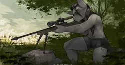 Size: 1400x731 | Tagged: anthro, artist:foxinshadow, bipod, bolt-action rifle, clothes, commission, derpibooru import, gun, male, oc, one eye closed, patience, rifle, safe, scenery, shade, sniper rifle, solo, underwear, unofficial characters only, weapon