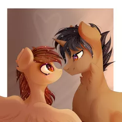 Size: 3000x3000 | Tagged: safe, artist:silvia-zero, derpibooru import, oc, oc:aegis aurora, oc:harmony inkwell, unofficial characters only, pegasus, pony, unicorn, blushing, boop, chest fluff, female, harmogis, husband and wife, looking at each other, male, noseboop