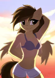 Size: 2893x4092 | Tagged: adorasexy, anthro, arm behind head, artist:kebchach, beach, belly button, bikini, breasts, clothes, commission, cute, derpibooru import, oc, oc:harmony inkwell, pegasus, see-through, sexy, shorts, suggestive, sunset, swimsuit, unofficial characters only, ych result