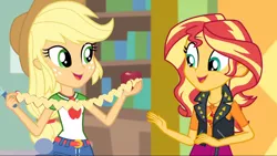 Size: 1366x768 | Tagged: safe, derpibooru import, screencap, applejack, sunset shimmer, a fine line, equestria girls, equestria girls series, apple, duo, female, food, geode of empathy, geode of super strength, knife, magical geodes