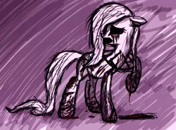 Size: 2195x1617 | Tagged: semi-grimdark, artist:lethal-doorknob, derpibooru import, fluttershy, pegasus, pony, amnesia the dark descent, amnesiashy, blood, crossover, dripping, empty eyes, female, floppy ears, looking back, open mouth, raised hoof, solo, the small horse