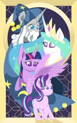 Size: 4232x6751 | Tagged: absurd resolution, alicorn, artist:poecillia-gracilis19, derpibooru import, geometric, princess celestia, safe, shadow play, starlight glimmer, star swirl the bearded, twilight sparkle, twilight sparkle (alicorn)