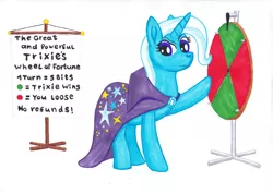 Size: 3504x2484 | Tagged: safe, artist:malte279, derpibooru import, trixie, pony, unicorn, cape, clothes, female, great and powerful, mare, marker drawing, simple background, solo, third person, traditional art, trixie's cape, wheel of fortune, white background