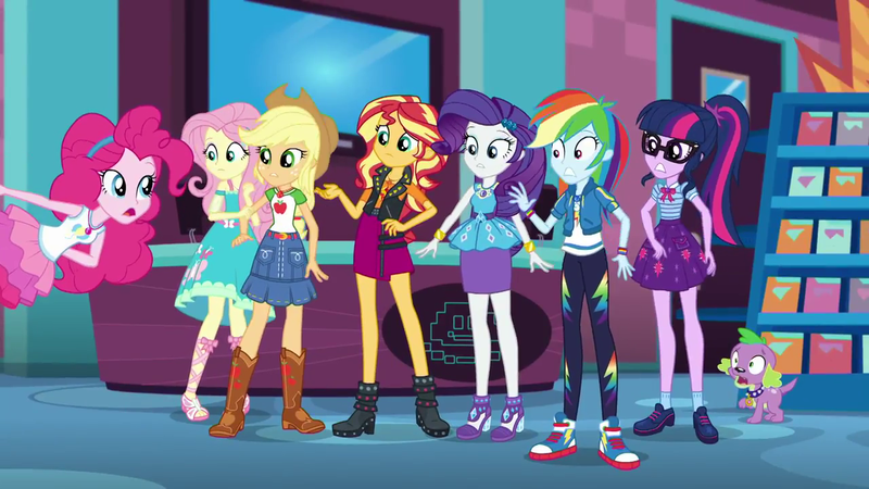 Size: 1280x720 | Tagged: safe, derpibooru import, screencap, applejack, fluttershy, pinkie pie, rainbow dash, rarity, sci-twi, spike, spike the regular dog, sunset shimmer, twilight sparkle, dog, a fine line, equestria girls, equestria girls series, clothes, converse, female, geode of empathy, geode of fauna, geode of shielding, geode of sugar bombs, geode of super speed, geode of super strength, geode of telekinesis, glasses, humane five, humane seven, humane six, magical geodes, ponytail, shoes, skirt, sneakers