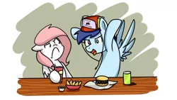 Size: 1920x1080 | Tagged: safe, artist:sugar morning, derpibooru import, oc, oc:slipstream, oc:sugar morning, unofficial characters only, pegasus, pony, burger, chips, date, drinking hat, female, food, funny, hat, hay burger, heterochromia, lunch, male, mare, nachos, oc x oc, shipping, stallion, straight, sugarstream, weird