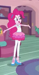 Size: 321x618 | Tagged: safe, derpibooru import, screencap, pinkie pie, equestria girls, equestria girls series, pinkie sitting, clothes, cropped, female, geode of sugar bombs, hairband, pantyhose, shoes, skirt, smiling, solo