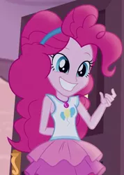 Size: 514x720 | Tagged: safe, derpibooru import, screencap, pinkie pie, equestria girls, equestria girls series, pinkie sitting, clothes, cropped, cute, female, geode of sugar bombs, hairband, skirt, smiling