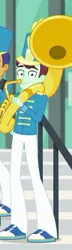 Size: 208x720 | Tagged: safe, derpibooru import, screencap, a queen of clubs, equestria girls, equestria girls series, background human, cropped, looking at you, male, musical instrument, smiling, solo, sousaphone, tuba