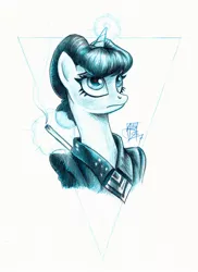 Size: 930x1280 | Tagged: safe, artist:aerosaur83, derpibooru import, ponified, pony, unicorn, blade runner, bust, cigarette, crossover, female, glowing eyes, glowing horn, magic, monochrome, portrait, rachel, replicant, signature, solo, telekinesis, traditional art