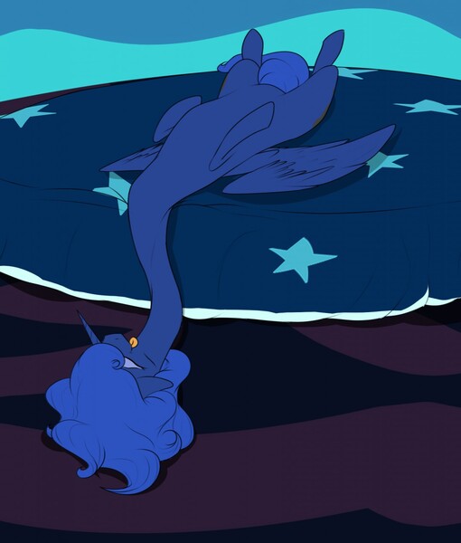 Size: 1089x1280 | Tagged: safe, artist:astr0zone, derpibooru import, princess luna, bed, female, impossibly long neck, long neck, messy mane, necc, princess luneck, sibling rivalry, sleeping, solo, spread wings, tongue out, wings