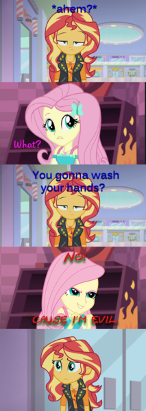 Size: 894x2516 | Tagged: safe, derpibooru import, edit, edited screencap, screencap, fluttershy, sunset shimmer, a fine line, equestria girls, equestria girls series, dcau, doctor polaris, fluttershy's revenge, geode of empathy, geode of fauna, justice league, justice league unlimited, lex luthor, pure unfiltered evil, screencap comic, the flash