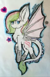 Size: 667x1024 | Tagged: safe, artist:creadorachan, derpibooru import, oc, oc:shining heart, unofficial characters only, bat pony, pony, solo, traditional art