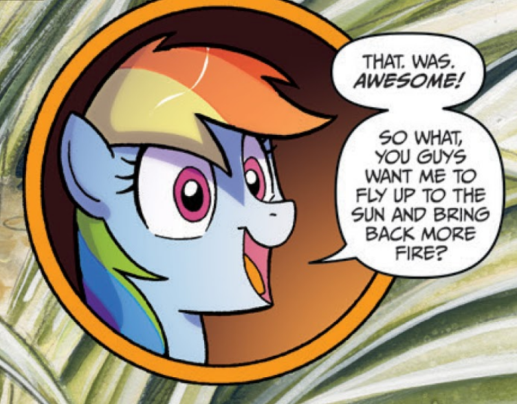 Size: 752x587 | Tagged: safe, derpibooru import, idw, rainbow dash, pony, spoiler:comic, spoiler:comicff31, cropped, icarus, out of context, prometheus, rainbow dumb, solo, this will end in fire, this will not end well