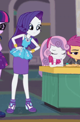 Size: 626x956 | Tagged: safe, derpibooru import, screencap, apple bloom, rarity, sci-twi, scootaloo, sweetie belle, twilight sparkle, equestria girls, equestria girls series, school of rock, animated, bracelet, butt bump, butt smash, cropped, cute, cutie mark crusaders, female, geode of shielding, gif, high heels, jewelry, legs, pencil skirt, raribetes, sassy, shoes, shrug, siblings, sisters, sleeping, smiling, waking up