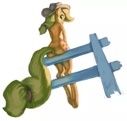 Size: 940x900 | Tagged: anthro, applejack, artist:assasinmonkey, ass, cowboy hat, derpibooru import, dock, female, fence, hat, hooves, looking at you, looking back, plot rest, simple background, sitting, solo, solo female, stetson, suggestive, underhoof, unguligrade anthro