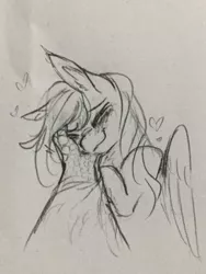 Size: 1224x1632 | Tagged: safe, artist:hkpegasister, derpibooru import, oc, oc:ashia, oc:felix, unofficial characters only, gryphon, pegasus, pony, blushing, ear fluff, ear scratch, eyes closed, heart, offscreen character, petting, smiling, traditional art