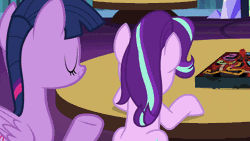 Size: 1056x594 | Tagged: safe, derpibooru import, edit, screencap, starlight glimmer, twilight sparkle, twilight sparkle (alicorn), alicorn, unicorn, uncommon bond, animated, board game, book, caption, door, dragon pit, frown, game, gif, raised hoof, sitting, smiling, squint, table, text, twilight's castle, twilight's castle library
