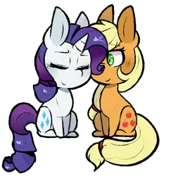 Size: 612x629 | Tagged: safe, artist:urbanqhoul, derpibooru import, applejack, rarity, earth pony, pony, unicorn, blushing, duo, eyes closed, female, lesbian, mare, rarijack, shipping, simple background, smiling, transparent background