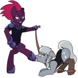 Size: 540x540 | Tagged: suggestive, artist:sonata dusk, derpibooru import, silver spoon, tempest shadow, pony, unicorn, my little pony: the movie, broken horn, clothes, cutie mark, eye scar, female, femdom, femsub, fetish, hoof fetish, hoof licking, hoof worship, leash, leotard, licking, looking up, mare, scar, simple background, spreader bar, standing, standing on one leg, submissive, tongue out, transparent background