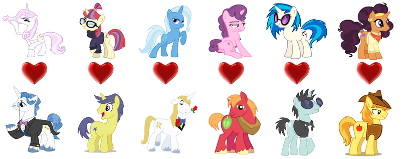 Size: 1708x677 | Tagged: safe, derpibooru import, editor:jdueler11, big macintosh, braeburn, comet tail, fancypants, fleur-de-lis, moondancer, neon lights, prince blueblood, rising star, saffron masala, sugar belle, trixie, vinyl scratch, bluetrix, braesala, cometdancer, fancyfleur, female, male, shipping, straight, sugarmac, vinylights