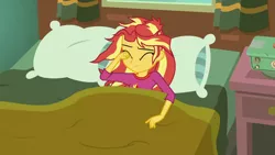 Size: 1280x720 | Tagged: safe, derpibooru import, screencap, sunset shimmer, eqg summertime shorts, equestria girls, monday blues, alarm clock, bed, bedroom, blanket, clock, eyes closed, female, house, indoors, nightstand, pillow, solo, sunset's apartment, waking up