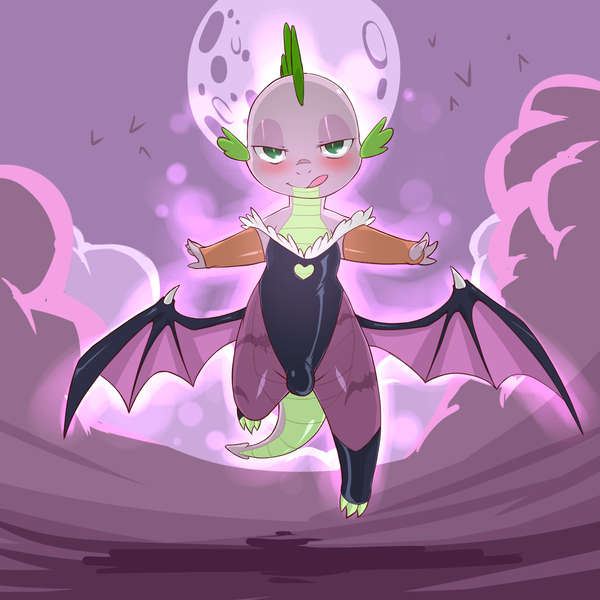 Size: 1280x1280 | Tagged: questionable, artist:cold-blooded-twilight, derpibooru import, spike, bat, dragon, clothes, cosplay, costume, crossdressing, crotch bulge, darkstalkers, femboy, femboy spike, girly, image, male, moon, morrigan aensland, png, wings