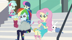 Size: 800x450 | Tagged: safe, derpibooru import, screencap, angel bunny, bon bon, fluttershy, lyra heartstrings, rainbow dash, sweetie drops, a queen of clubs, equestria girls, equestria girls series, animated, background human, canterlot high, gif, out of context