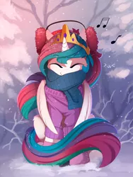 Size: 1668x2220 | Tagged: safe, artist:yakovlev-vad, derpibooru import, princess celestia, alicorn, pony, >w<, cheek fluff, clothes, cold, cute, cutelestia, daaaaaaaaaaaw, earmuffs, eyes closed, female, leg fluff, mare, music, music notes, scarf, smiling, snow, solo, sweater, weapons-grade cute, wing fluff, winter, yakovlev-vad is trying to murder us