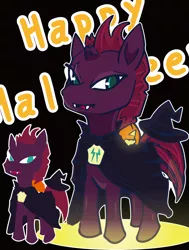 Size: 1872x2480 | Tagged: safe, artist:mr.candy_owo, derpibooru import, tempest shadow, pony, unicorn, my little pony: the movie, broken horn, chinese text, cloak, clothes, halloween, happy halloween, hat, holiday, image, jpeg, traditional art, witch hat