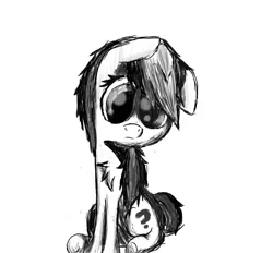 Size: 1198x1110 | Tagged: safe, artist:mewliciousness, derpibooru import, oc, oc:joycie, unofficial characters only, pony, black and white, confused, doodle, grayscale, helpless, lonely, monochrome, newbie artist training grounds, question mark, quickdraw, sad