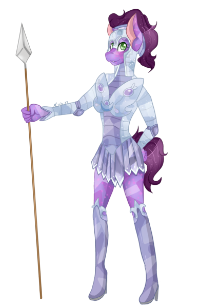 Size: 1242x1920 | Tagged: anthro, anthro oc, armor, artist:mscolorsplash, boots, commission, commissioner:alkonium, crystal guard, crystal guard armor, crystal pony, derpibooru import, guard armor, high heel boots, high heels, oc, oc:amethyst rose, safe, shoes, simple background, spear, transparent background, unofficial characters only, weapon