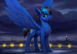 Size: 800x571 | Tagged: safe, artist:rodrigues404, derpibooru import, oc, oc:lightning flash, unofficial characters only, pegasus, pony, animated, cinemagraph, commission, cute, lightning, looking at you, male, night, rain, solo, spread wings, stallion, storm, thunderstorm, wings