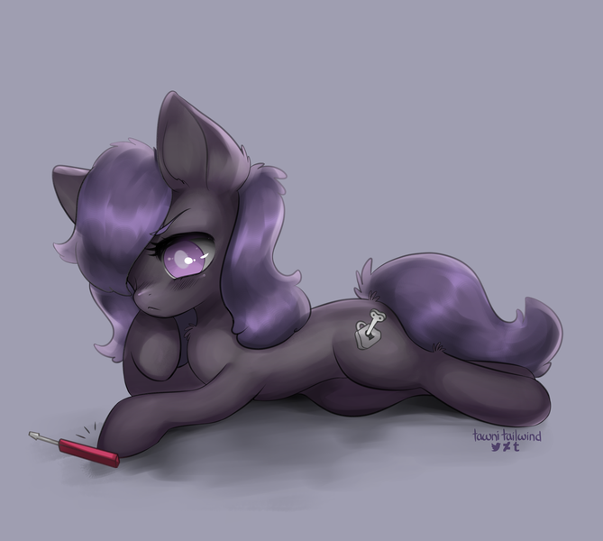 Size: 3900x3499 | Tagged: safe, artist:tawni-tailwind, derpibooru import, oc, oc:shani, unofficial characters only, earth pony, pony, blind, cutie mark, female, flat background, grumpy, hair covering face, lockpick, lying down, mare, solo