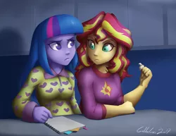 Size: 1280x989 | Tagged: safe, artist:gabbslines, derpibooru import, sunset shimmer, twilight sparkle, twilight sparkle (alicorn), equestria girls, rainbow rocks, clothes, female, food, lesbian, notebook, pajamas, redraw, shipping, signature, sunsetsparkle, whipped cream