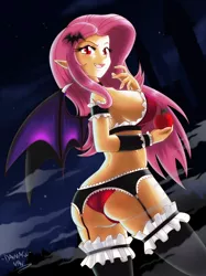 Size: 3372x4500 | Tagged: suggestive, artist:danmakuman, derpibooru import, fluttershy, bat pony, human, apple, ass, big breasts, breasts, busty fluttershy, clothes, cloud, cuffs (clothes), erect nipples, fangs, female, flutterbat, food, frilly, garter belt, garters, humanized, lingerie, looking at you, looking back, night, nipples, open mouth, panties, red eyes, seductive look, seductive pose, sideboob, slit eyes, smiling, socks, solo, solo female, stars, stockings, stupid sexy flutterbat, stupid sexy fluttershy, thigh highs, underwear, wings