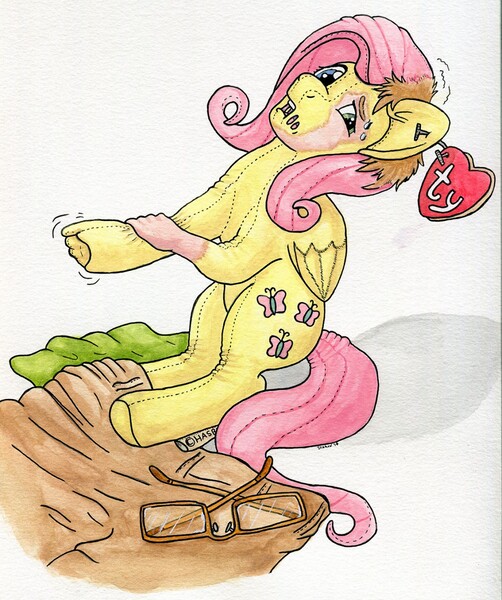 Size: 1070x1280 | Tagged: semi-grimdark, artist:icaron, derpibooru import, fluttershy, human, ear tag, human to pony, image, inanimate tf, jpeg, mid-transformation, plushie, plushification, seams, traditional art, transformation, ty