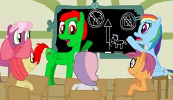 Size: 3372x1962 | Tagged: safe, artist:sb1991, derpibooru import, apple bloom, cheerilee, rainbow dash, scootaloo, sweetie belle, oc, oc:fire sparks, pony, chalkboard, cutie mark crusaders, lesson, ponyville schoolhouse, safety, story art