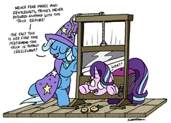 Size: 2291x1637 | Tagged: safe, artist:bobthedalek, derpibooru import, starlight glimmer, trixie, pony, unicorn, apple, assistant's outfit, clothes, cufflinks, cuffs (clothes), dark comedy, duo, exact words, female, fishnets, food, guillotine, imminent death, imminent decapitation, magic show, magic trick, magician outfit, mare, simple background, this will end in death, white background