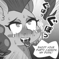 Size: 1000x1000 | Tagged: suggestive, artist:omegaozone, derpibooru import, pinkie pie, earth pony, pony, ahegao, black and white, blushing, bust, dialogue, drool, ear fluff, female, grayscale, hentai quotes, japanese, mare, monochrome, open mouth, simple background, smiling, solo, solo female, speech bubble, sweat, teary eyes, tongue out