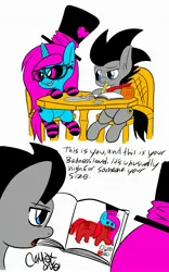 Size: 1857x2975 | Tagged: safe, artist:comet0ne, artist:katkathasahathat, derpibooru import, oc, oc:ryn, oc:suisei, unofficial characters only, pegasus, pony, unicorn, bandana, book, chair, clothes, comic, cup, cutie mark, dish, female, fork, glasses, hat, heart, lilo and stitch, male, mole, pencil, sitting, sketch, stockings, table, thigh highs