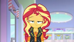 Size: 1920x1080 | Tagged: safe, derpibooru import, screencap, sunset shimmer, a fine line, equestria girls, equestria girls series, barbershop, barbershop pole, canterlot mall, geode of empathy, solo, store, storefront, sunroof, sunset shimmer is not amused, unamused