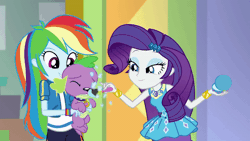 Size: 800x450 | Tagged: safe, derpibooru import, screencap, rainbow dash, rarity, spike, spike the regular dog, dog, a fine line, equestria girls, equestria girls series, animated, cute, forced makeover, makeover, spikabetes