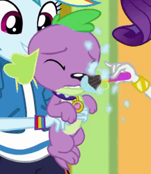 Size: 572x658 | Tagged: safe, derpibooru import, screencap, rainbow dash, rarity, spike, spike the regular dog, dog, a fine line, equestria girls, equestria girls series, animated, cute, forced makeover, makeover, spikabetes