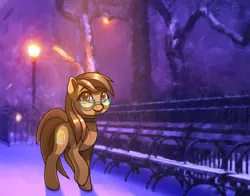 Size: 1920x1503 | Tagged: safe, derpibooru import, oc, oc:dawnsong, unofficial characters only, earth pony, pony, female, glasses, image, mare, night, png, snow, solo, streetlight, subsurface scattering, ych result