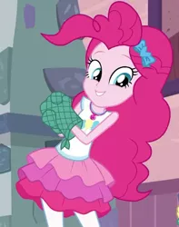 Size: 568x720 | Tagged: safe, derpibooru import, screencap, pinkie pie, equestria girls, equestria girls series, pinkie sitting, clothes, cropped, cute, female, hairband, magical geodes, mittens, pantyhose, skirt, smiling